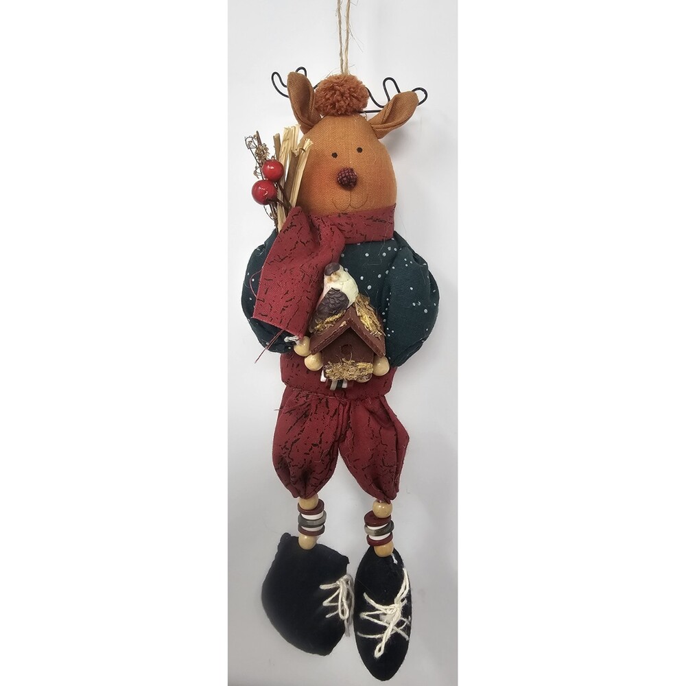 Reindeer Shelf Sitter Ornament Bead Button Dangle Legs Holding Bird House 9"